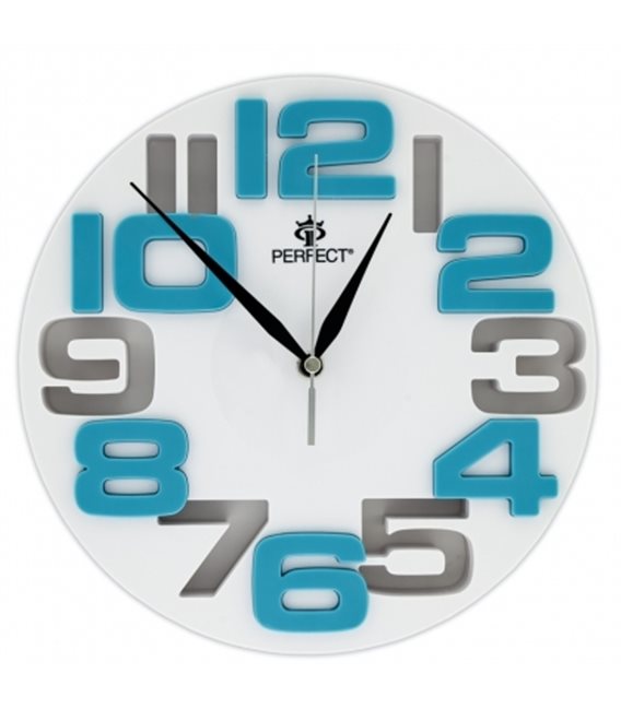 Zegar ścienny analogowy Perfect WL 689A Biała tarcza niebieskie cyfry