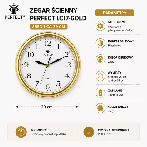 Zegar ścienny analogowy Perfect LC 17 Złoty Ø 28 2