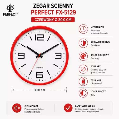 Zegar ścienny analogowy Perfect FX-5129 czerwony Ø 30.0 3