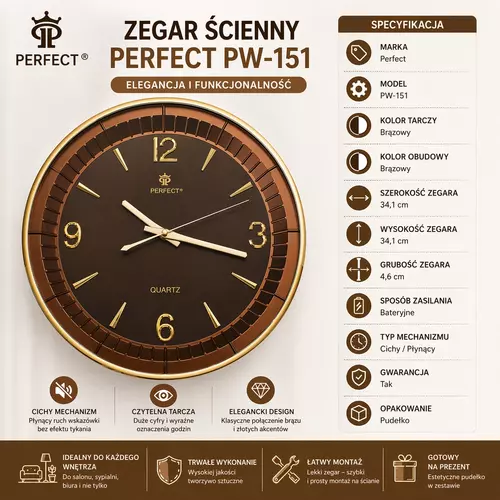 Zegar ścienny analogowy Perfect PW 151 Brąz Ø 34 3