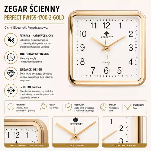 Zegar ścienny analogowy Perfect PW 159 złoty 27,8X27,8CM 2