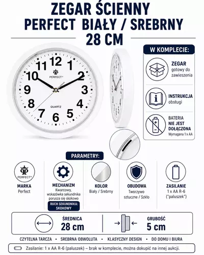 Zegar Kwarcowy Perfect FX-5841 Biały Ø 28CM 4
