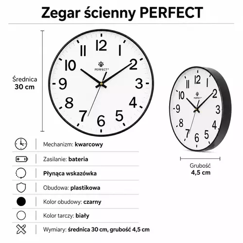 Zegar Perfect PW603-1700-1 Czarny/Biały 3
