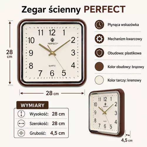 Zegar ścienny analogowy Perfect PW 159 Ciemny brąz 27,8X27,8CM 3