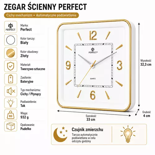 Zegar ścienny analogowy Perfect PW 165 GOLD biała tarcza 33X32,3 4