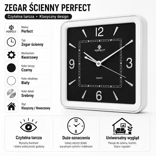 Zegar ścienny analogowy Perfect PW 165 SILVER czarna tarcza 33X32,3 3