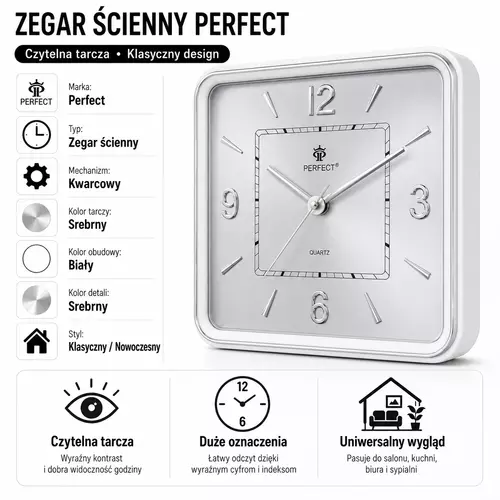 Zegar ścienny analogowy Perfect PW 165 SILVER srebrna tarcza 33X32,3 3