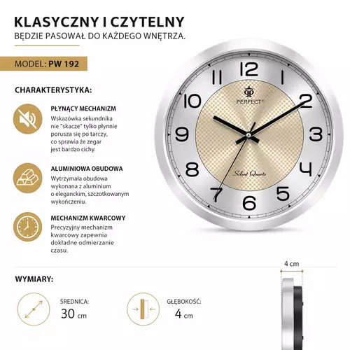 Zegar ścienny analogowy Perfect PW 192 srebrny srebrno/złota tarcza Ø 30.5 2
