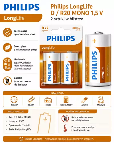 Bateria Philips R20 cynkowa B2 Longlife 3