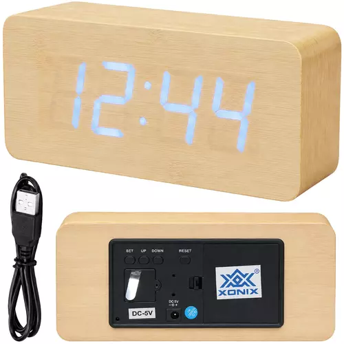 Budzik XONIX GHY-006 jasno-brązowy z niebieskim wyświetlaczem 4