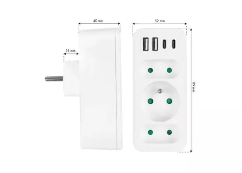 Rozgałężnik sieciowy : 2 gniazdka płaskie+ 2xUSB+2USB-C ,3.1A biały 3