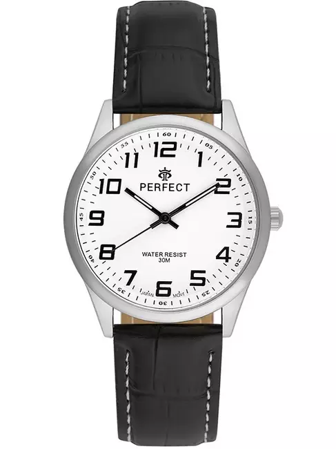 Zegarek Kwarcowy PERFECT C405L-02 Silver TARCZA BIAŁA PASEK CZARNY NIĆ BIAŁA