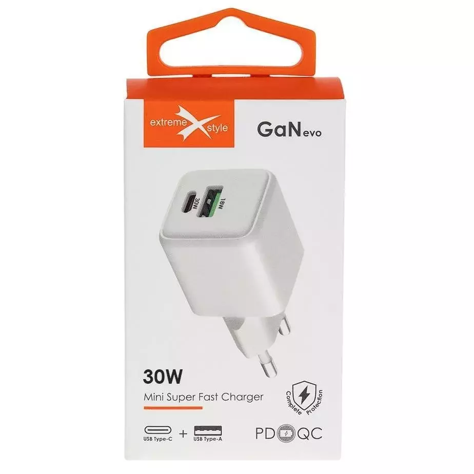 Ładowarka eXtremestyle sieciowa GaN evo 30W USB-C+USB TC25CUGAN