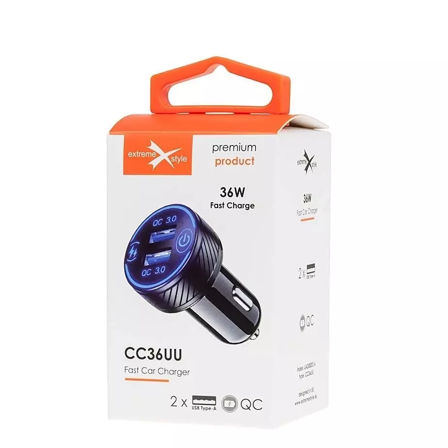 Ładowarka  eXtremestyle  samochodowa CC36UU 2xUSB QC3.0 36W
