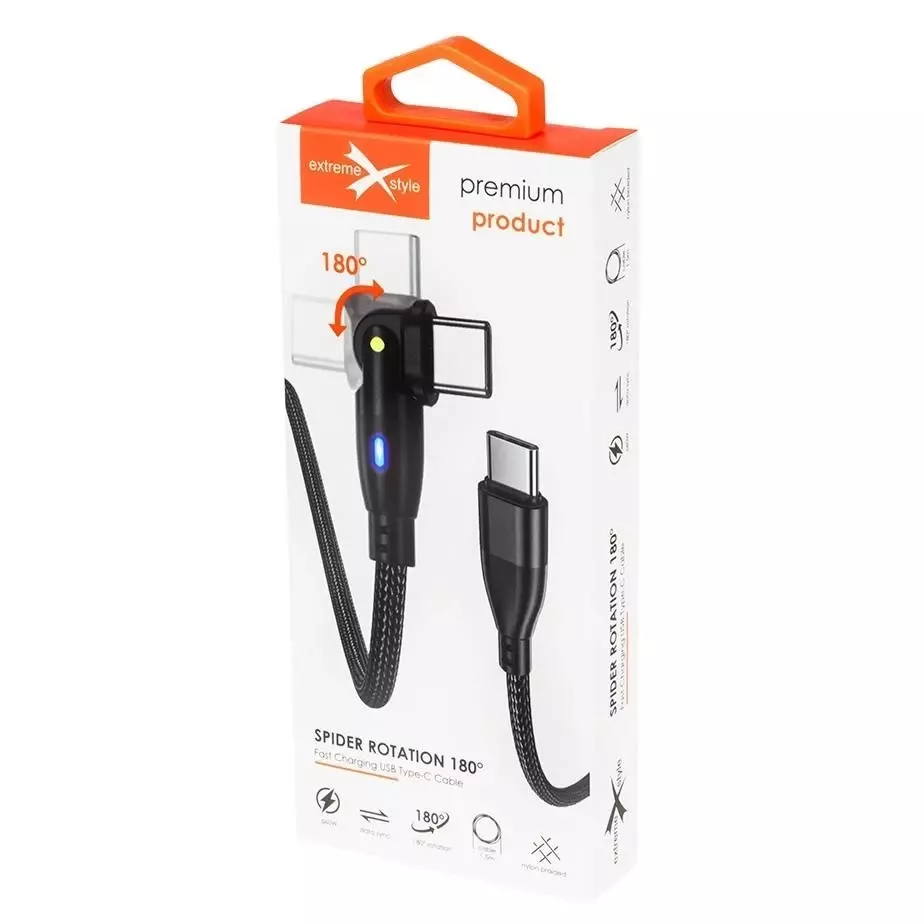 Kabel eXtremestyle  Spider ROT 180 USB Typ C 60W 1.5m czarny