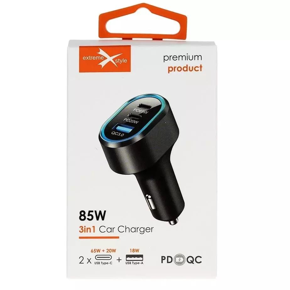 Ładowarka  eXtremestyle  samochodowa 2xTyp-C +USB-85W 