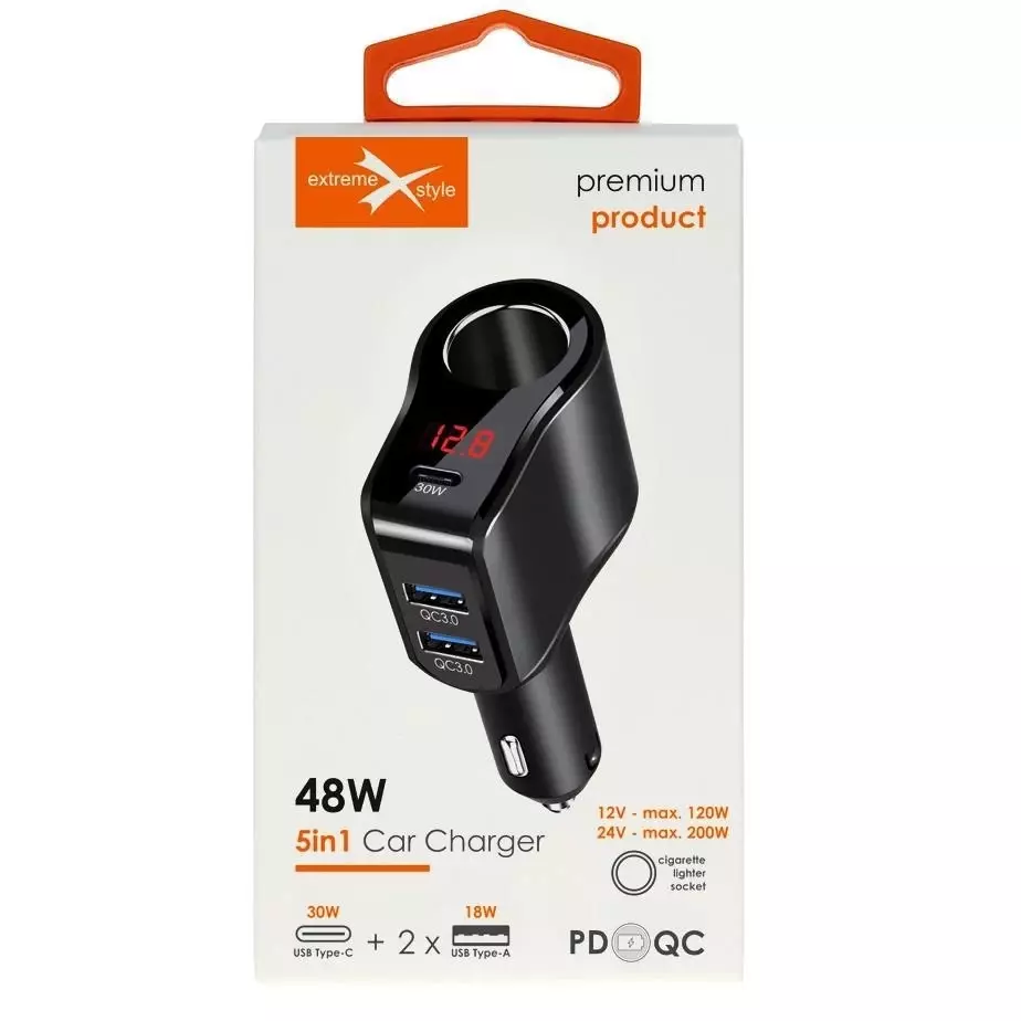 Ładowarka   eXtremestyle  samochodowa. Typ-C+2xUSB+gniazdo PD 45W CC45CUU