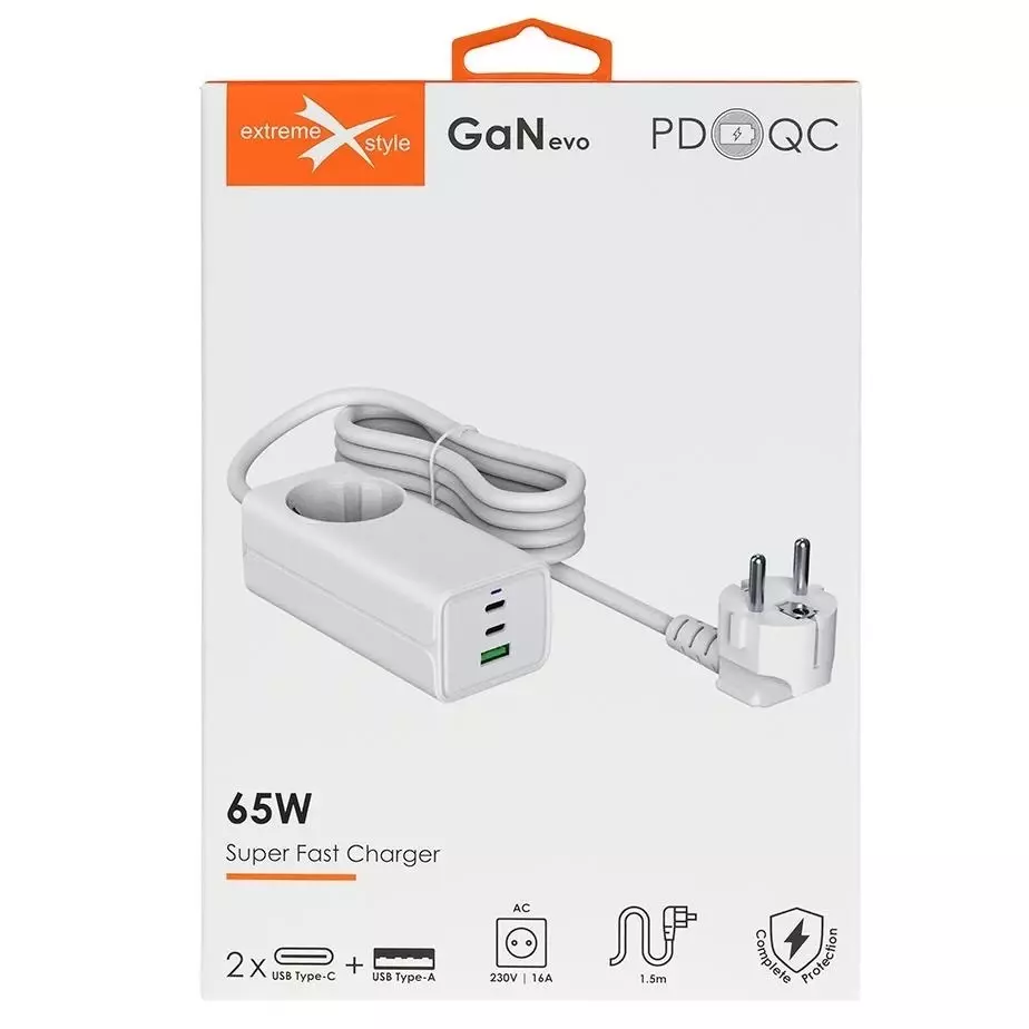 Ładowarka eXtremestyle  siec. GaN evo 65W 2xUSB-C+USB+230V