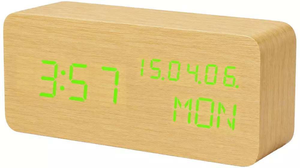 Budzik XONIX GHY-018 jasnobrązowy z zielonym wyświetlaczem