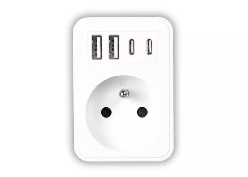 LX9604 - Rozgałęźnik sieciowy: 1 gniazdo okrągłe z uz. + 2x USB + 2x U