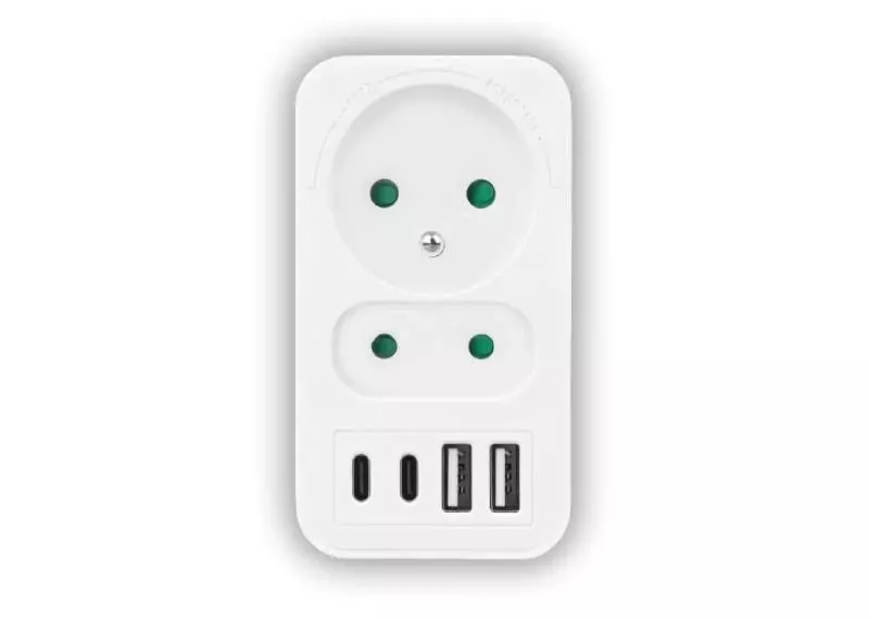 ROZGAŁĘŹNIK SIECIOWY: 1 GNIAZDO OKRĄGŁE Z UZ.+ 1 GNIAZDO PŁASKIE + 2X USB + 2X USB-C, 3,1A, BIAŁY