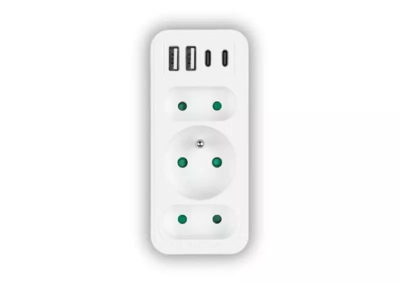 Rozgałężnik sieciowy : 2 gniazdka płaskie+ 2xUSB+2USB-C ,3.1A biały