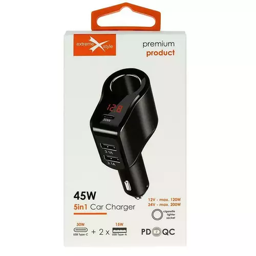 Ładowarka samochodowa eXtremestyle Typ-C + 2xUSB + gniazdo PD 45W 1