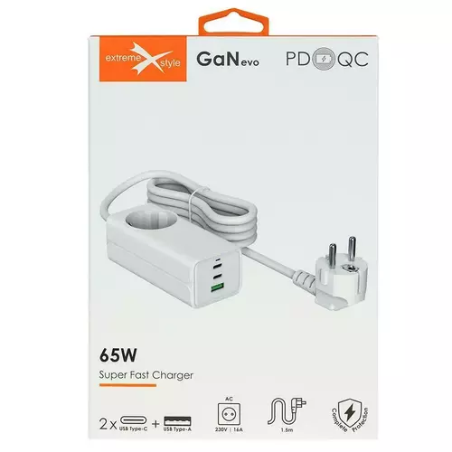 Ładowarka sieciowa GaN eXtremestyle evo 65W 2xUSB-C+USB+ 230V TC65CCUVGAN 1