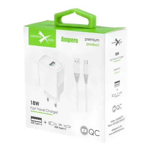 Ładowarka eXtremestyle sieciowa QC3.0 biała+kab Type-C TCU3QC30W+CC 1