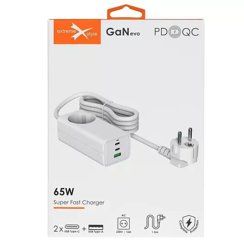 Ładowarka eXtremestyle  siec. GaN evo 65W 2xUSB-C+USB+230V 1