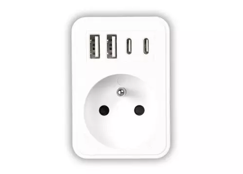 LX9604 - Rozgałęźnik sieciowy: 1 gniazdo okrągłe z uz. + 2x USB + 2x U 1