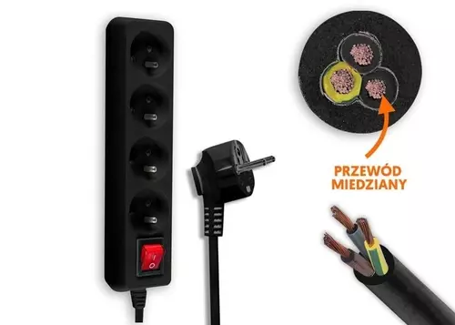 Przedłużacz sieciowy 4 gniazda z uziemieniem i z włącznikiem Czarny 1