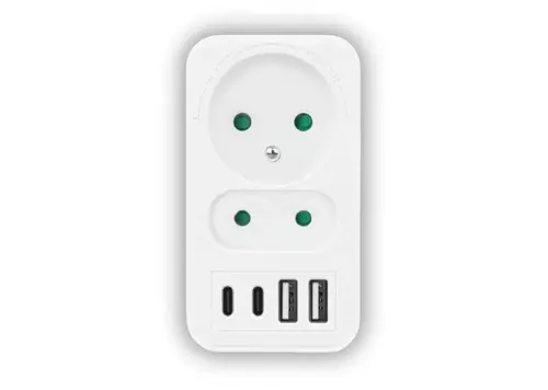 ROZGAŁĘŹNIK SIECIOWY: 1 GNIAZDO OKRĄGŁE Z UZ.+ 1 GNIAZDO PŁASKIE + 2X USB + 2X USB-C, 3,1A, BIAŁY 1